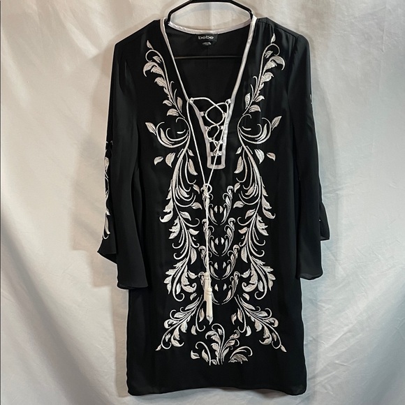 bebe Black Mini Dress with White Embroidery - Picture 1 of 9